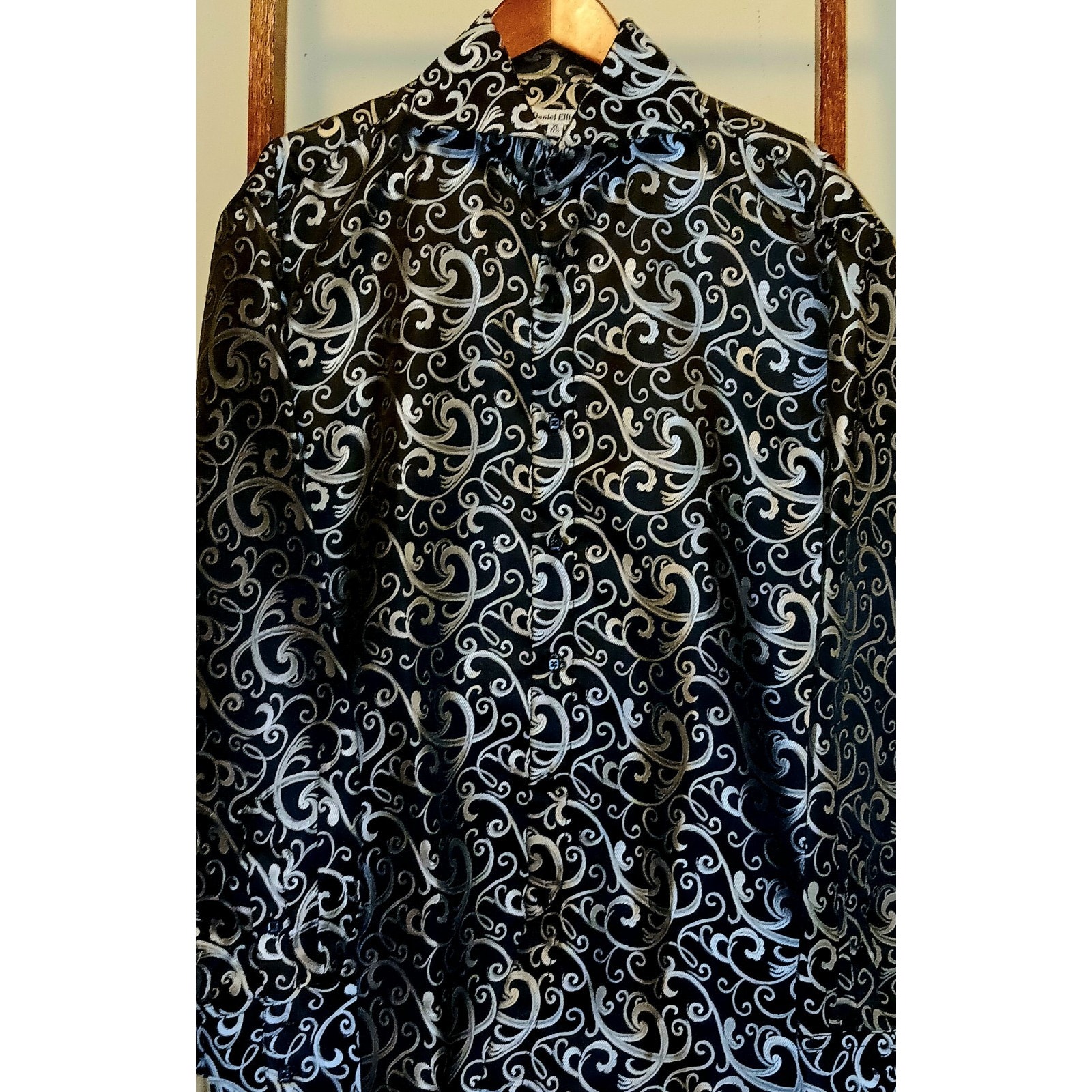 Daniel Ellissa Mens Dress Shirt Sz 17.5 Xl Black Silver Long Sleeve Button Up